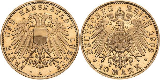Lübeck
 10 Mark 1909 A Jaeger 228 Prachtvolles Exemplar. Selten in dieser Erhal...