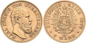 Württemberg
Karl 1864-1891 5 Mark 1877 F Jaeger 291 1.98 g. Sehr schön-vorzüglich
