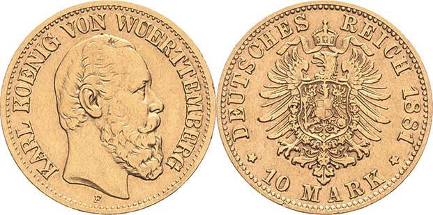 Württemberg
Karl 1864-1891 10 Mark 1881 F Jaeger 292 Seltener Jahrgang. Sehr sc...