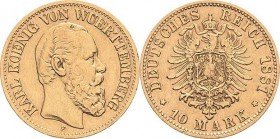 Württemberg
Karl 1864-1891 10 Mark 1881 F Jaeger 292 Seltener Jahrgang. Sehr schön