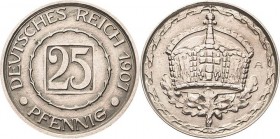 Proben und Abschläge Kleinmünzen
 25 Pfennig 1907 A Kupfer-versilbert. Glatter Rand. 22,6 mm, 4,90 g Schaaf - (vgl.18/G 4) Slg. Beckenbauer - (vgl.31...