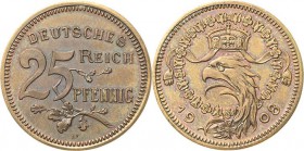 Proben und Abschläge Kleinmünzen
 25 Pfennig 1908 D, (K. Goetz) Bronze. Glatter Rand. 22,8 mm, 4,20 g Schaaf 18 G 25 Slg. Beckenbauer 3156 Kienast 78...