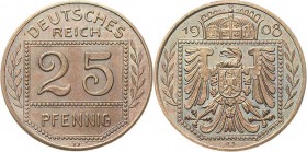 Proben und Abschläge Kleinmünzen
 25 Pfennig 1908 D Kupfer. Glatter Rand. 22,7 mm, 4,17 g Schaaf 18 G 30 Slg. Beckenbauer 3162 Polierte Platte