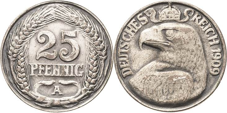 Proben und Abschläge Kleinmünzen
 25 Pfennig 1909 A Kupfer versilbert. Glatter ...