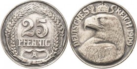 Proben und Abschläge Kleinmünzen
 25 Pfennig 1909 A Kupfer versilbert. Glatter Rand. 22,1 mm, 4,21 g Schaaf 18 G 45 Slg. Beckenbauer 3181 Selten. Seh...