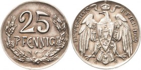 Proben und Abschläge Kleinmünzen
 25 Pfennig 1909 A Silber. Glatter Rand. Mit Randpunze: C. POELLATH 990. 23,1 mm, 4,99 g Schaaf 18 G 46 Slg. Beckenb...
