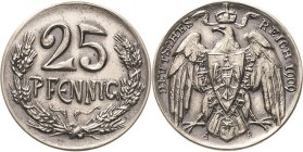 Proben und Abschläge Kleinmünzen
 25 Pfennig 1909 A Kupfer-Nickel. Glatter Rand. 23,1 mm, 4,34 g Schaaf 18 G 46 Slg. Beckenbauer 3183 Selten. Vorzügl...