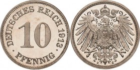 Kleinmünzen
 10 Pfennig 1913 E Jaeger 13 Sehr selten in dieser Erhaltung. Prachtvolles Exemplar. Min. Berührt, Polierte Platte