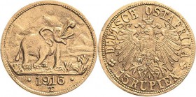 Deutsch Ostafrika
 15 Rupien 1916, T Geprägt aus dem Gold der Sekenke Goldmine Jaeger 728 a Selten. Leichte Fassungsspuren, kl. Kratzer, sehr schön-v...