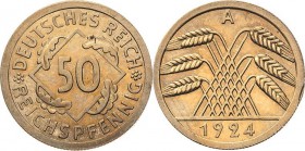 Kleinmünzen
 50 Reichspfennig 1924 A Mit Foto-Gutachten von Guy Franquinet, Crailsheim 2018 Jaeger 318 Sehr selten in dieser Erhaltung. Vom Erstabsch...