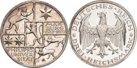 Gedenkausgaben
 3 Reichsmark 1927 A Marburg Jaeger 330 Revers kl. Fleck und min. Berührt, Polierte Platte