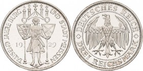 Gedenkausgaben
 3 Reichsmark 1929 E Meißen Jaeger 338 Avers min. berührt, Polierte Platte