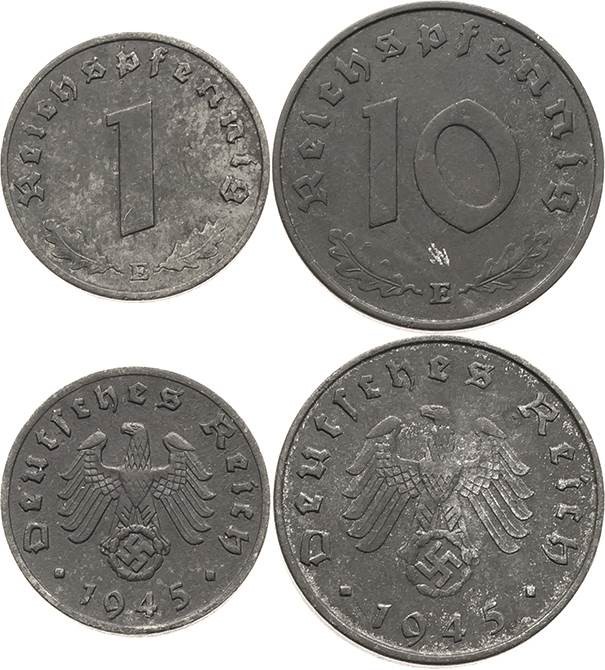 Kleinmünzen
 1 und 10 Reichspfennig 1945 E Jaeger 369, 371 2 Stück. Selten. Vor...