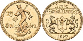 Ausgaben des Freistaates
 25 Gulden 1930 (A) Jaeger D 11 GOLD. Selten. Kl. Randfehler, kl. Kratzer, vorzüglich-Stempelglanz