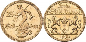 Ausgaben des Freistaates
 25 Gulden 1930 (A) Jaeger D 11 GOLD. Selten. Kl. Kratzer, vorzüglich/vorzüglich-Stempelglanz