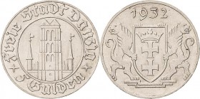 Ausgaben des Freistaates
 5 Gulden 1932. Marienkirche Jaeger D 17 Selten. Zaponiert, sehr schön-vorzüglich