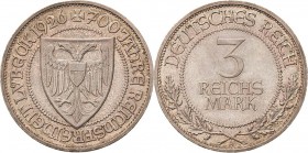 Weimarer Republik
Lot-2 Stück 5 Reichsmark - 1927 A Bremerhaven. 3 Reichsmark - 1926 A Lübeck Fast vorzüglich und vorzüglich-Stempelglanz