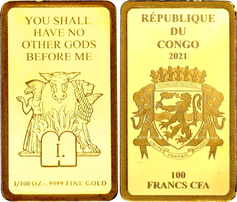 Congo 100 Francs 2021

Gold (0.999) 0.31 g.; Serie Ten Commandments: I - "You ...