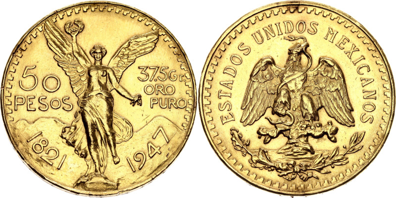 Mexico 50 Pesos 1947 Restrike

KM# 481, N# 15038; Gold (.900) 41.67 g.; 100th ...