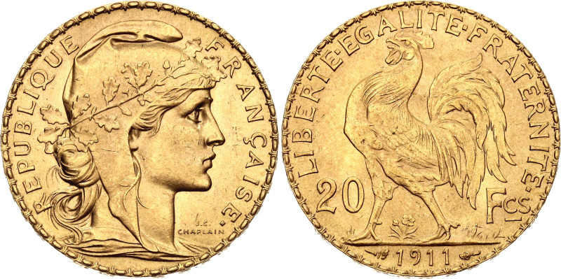 France 20 Francs 1911

KM# 857, F# 535/5, N# 2230; Gold (.900) 6.45 g.; Paris ...