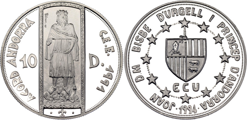 Andorra 10 Diners 1994

KM# 99, N# 94368; Silver., Proof; Joan Martí i Alanis;...