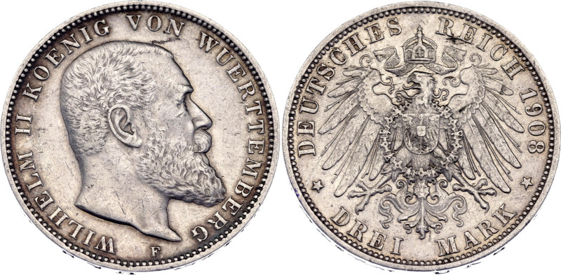 Germany - Empire Wurttemberg 3 Mark 1908 F

KM# 635, N# 10840; Silver; Wilhelm...