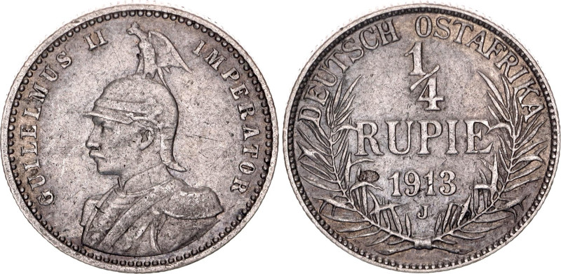 German East Africa 1/4 Rupie 1913 J

KM# 8, Schön# 11, N# 16500; Silver; Wilhe...