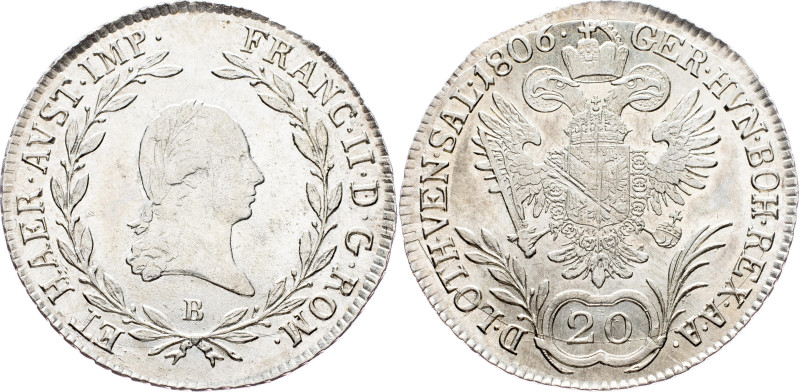 Austria 20 Kreuzer 1806 B

KM# 2141, Adamo# C30, N# 18835; Silver 6.67 g.; Fra...