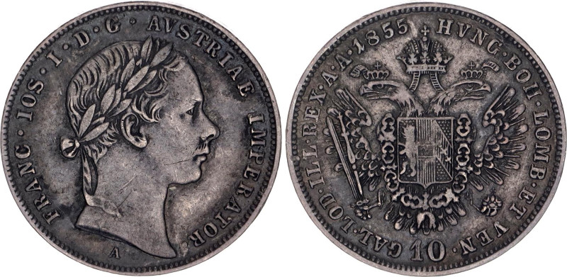 Austria 10 Kreuzer 1855 A

KM# 2203, N# 33458; Silver; Franz Joseph I; XF+ wit...