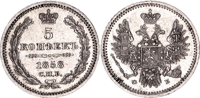 Russia 5 Kopeks 1858 СПБ ФБ R

Bit# 69, N# 26893; Silver 1.01 g.; Alexander II...