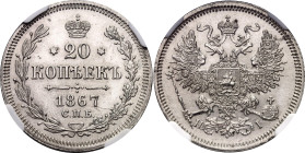 Russia 20 Kopeks 1867 СПБ НI NGC UNC