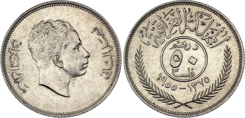 Iraq 50 Fils 1955 AH 1375

KM# 117, N# 9610; Silver; Faisal II; UNC with mint ...