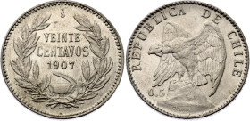 Chile 20 Centavos 1907 So "0.5" Die Crack Error
