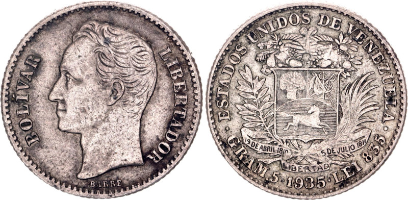 Venezuela 1 Bolivar 1935

Y# 22, N# 10338; Silver; XF