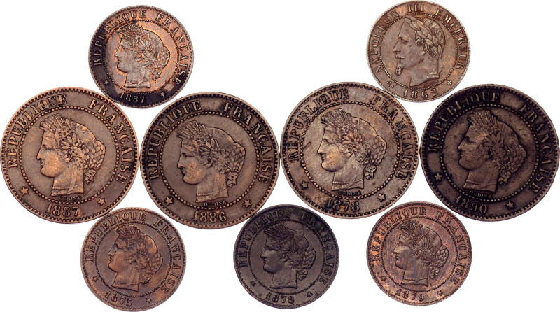 France Lot of 9 Coins 1862 -1890

Copper; VF-XF