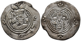 Drachm AR
Sasanian Kingdom, WYH (Veh-Ardashir) mint, Khusro II (591-628), Year 29 (AD 618/619), APD in Pahlavi in OBQ2
31 mm, 3,79 g