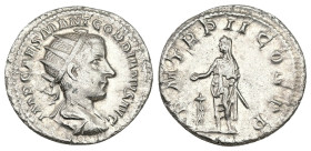 Antoninianus AR
Gordian III (238-244), Rome, IMP CAES M ANT GORDIANVS AVG. Bust of Gordian III, radiate, draped, cuirassed, right 7 P M TR P II COS P...