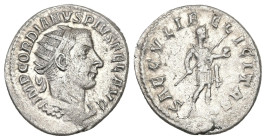 Antoninianus AR
Gordian III, AD 238-244, Antioch, IMP GORDIANVS PIVS FEL AVG, Bust of Gordian III, radiate, draped, cuirassed, right / SAECVLI FELICI...