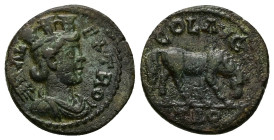Troas, Alexandria, Pseudo-autonomous, Time of Gallienus (AD 260-268), CO ALEX TRO, Draped bust of Tyche, right; behind her, vexillum / COL AVG, TROA. ...
