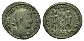 Follis Æ
Constantine II (Caesar 316-337), Thessalonica, AD 336-337, Laureate and cuirassed bust r. R / Two soldiers standing facing, heads turned inw...