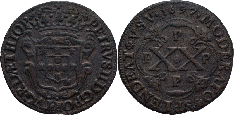 Brazil
D. Pedro II - Ae XX Réis 1697 PPPP Porto
AG: 03.05 15,43g
Good Fine
...