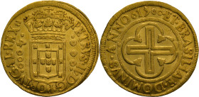 Brazil
D. Pedro II - AU 4.000 Réis Rio de Janeiro 1700
Date bewteen finial and dot.
AG: 32.07 7,90g
Very Fine

Brazil
D. Pedro II - AU 4.000 Ré...