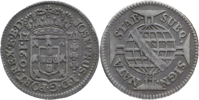 Brazil
D. José I - AR 160 Réis Lisboa 1771
AG: 36.02 3,90g
Very Fine

Brazi...
