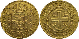 Brazil
D. José I - AU 4.000 Réis 1774
Horizontal Axis
AG: 65.23 8,13g
Good Very Fine

Brazil
D. José I - AU 4.000 Réis 1774
Eixo horizontal. B...