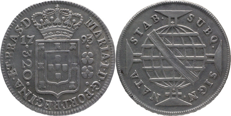 Brazil
D. Maria I - AR 320 Réis Lisboa 1793
AG: 18.04 8,84g
Very Fine

Braz...
