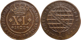 Brazil
D. João P.R. - Ae XL Réis Lisboa 1802
AG: 12.01 3,71g
Very Fine

Brazil
D. João P.R. - Ae XL Réis Lisboa 1802
AG: 12.01 3,71g
MBC