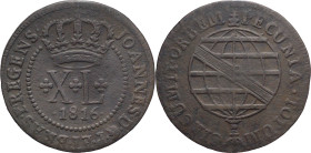 Brazil
D. João P.R. - Ae XL Réis Bahia 1816
AG: 16.11 13,75g
Good Fine

Brazil
D. João P.R. - Ae XL Réis Bahia 1816
AG: 16.11 13,75g
BC+