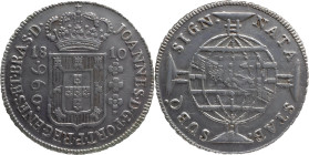 Brazil
D. João P.R. - AR 960 Réis Bahia 1810
Restruck over 8 reales of Spain.
AG: 31.01 26,72g
Extremely Fine

Brazil
D. João P.R. - AR 960 Réi...