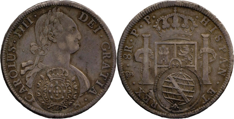 Brazil
D. João P.R. - AR 960 Reis Countermark
Over 8 reales of Carlos IV of Po...