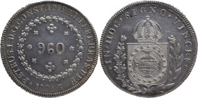 Brazil
D. Pedro I - AR 960 Réis Rio de Janeiro 1825
Restruck over 8 reales of Spain
26,94g
Extremely Fine

Brazil
D. Pedro I - AR 960 Réis Rio ...